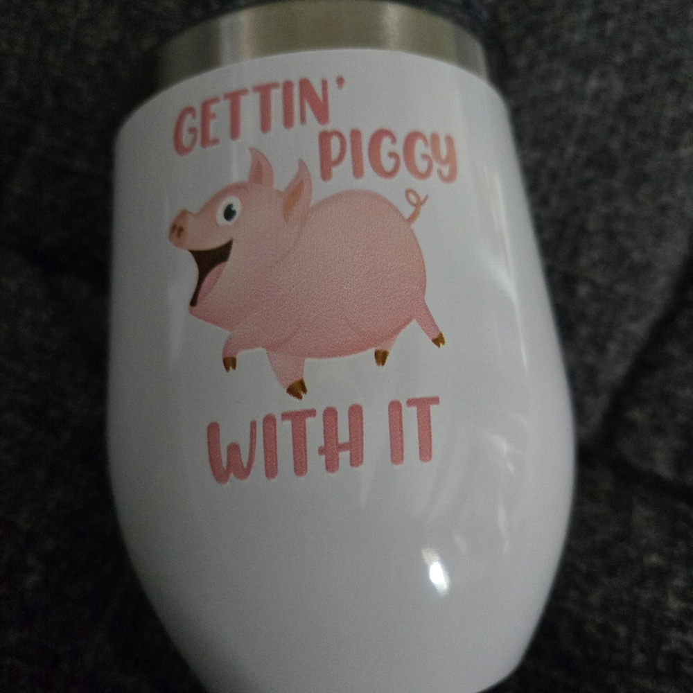 NWT "Gettin Piggy With It" White Tumbler with Pink Pig Design
